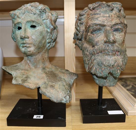 2 bronzed Classical busts on stands H 41cms